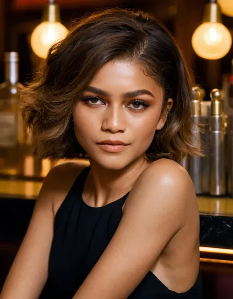 high resolution photo of znd woman,looking at camera,eye make-up,middle length hair,close-up,sitting at bar,volumetric lighting,cinematic,masterpiece