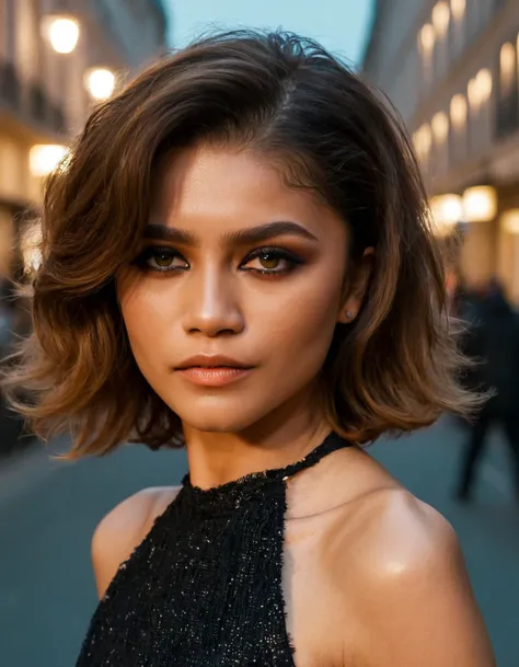 high resolution photo of znd woman,looking at camera,eye make-up,middle length hair,close-up,street background,volumetric lighting,cinematic,masterpiece