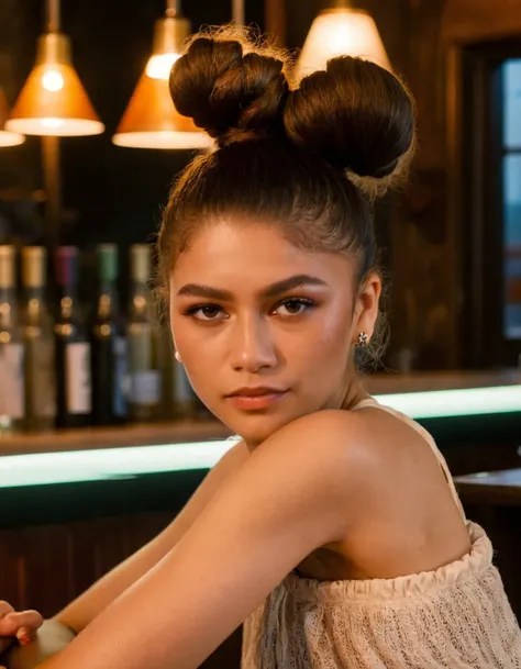 high resolution photo of znd woman,looking at camera,eye make-up,hair bun,close-up,sitting at bar,volumetric lighting,cinematic,masterpiece