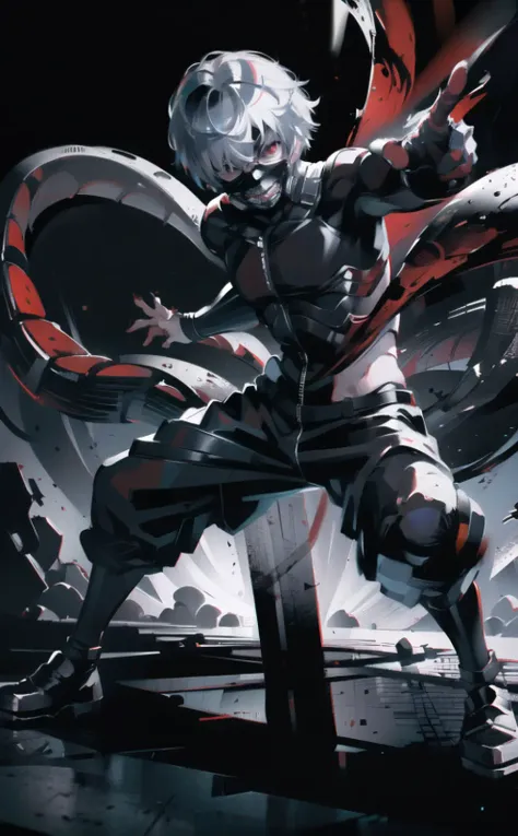 8k, anime, portrait, best quality, ultra high res, ultra detailed, black and red, high contrast color tone, extremely detailed lighting, cinematic lighting, soft lights, (masterpiece, high quality:1.4), (kaneki ken, black hair, white hair, red and black eye, mask | teeth, blood eyes, black clothes, scorpio tentacles), <lora:epiNoiseoffset_v2:0.8>, <lora:Kaneki_Ken-08:0.9>, blood, ((full body)), (dynamic pose), black background, thrilling, (fierce face)