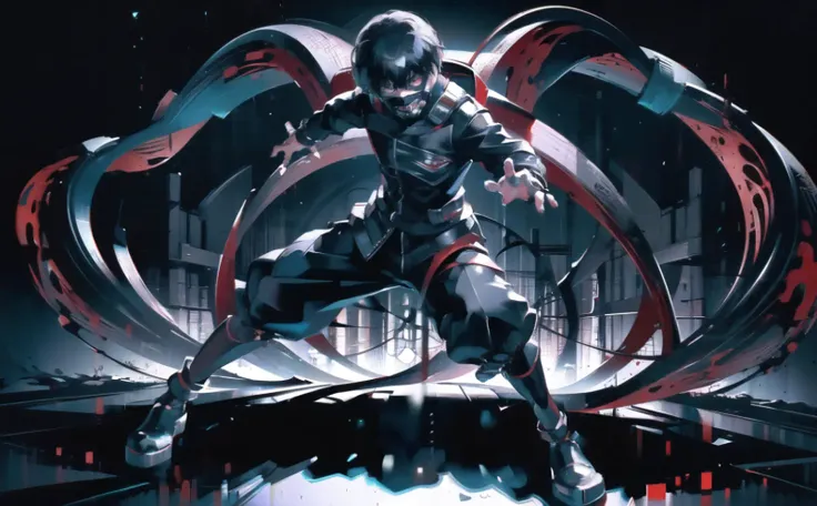 8k, anime, portrait, best quality, ultra high res, ultra detailed, black and red, high contrast color tone, extremely detailed lighting, cinematic lighting, soft lights, (masterpiece, high quality:1.4), (kaneki ken, black hair, white hair, red and black eye, mask | teeth, blood eyes, black clothes, scorpio tentacles), <lora:epiNoiseoffset_v2:0.8>, <lora:Kaneki_Ken-08:0.9>, blood, ((full body)), (dynamic pose), black background, thrilling, (fierce face)
