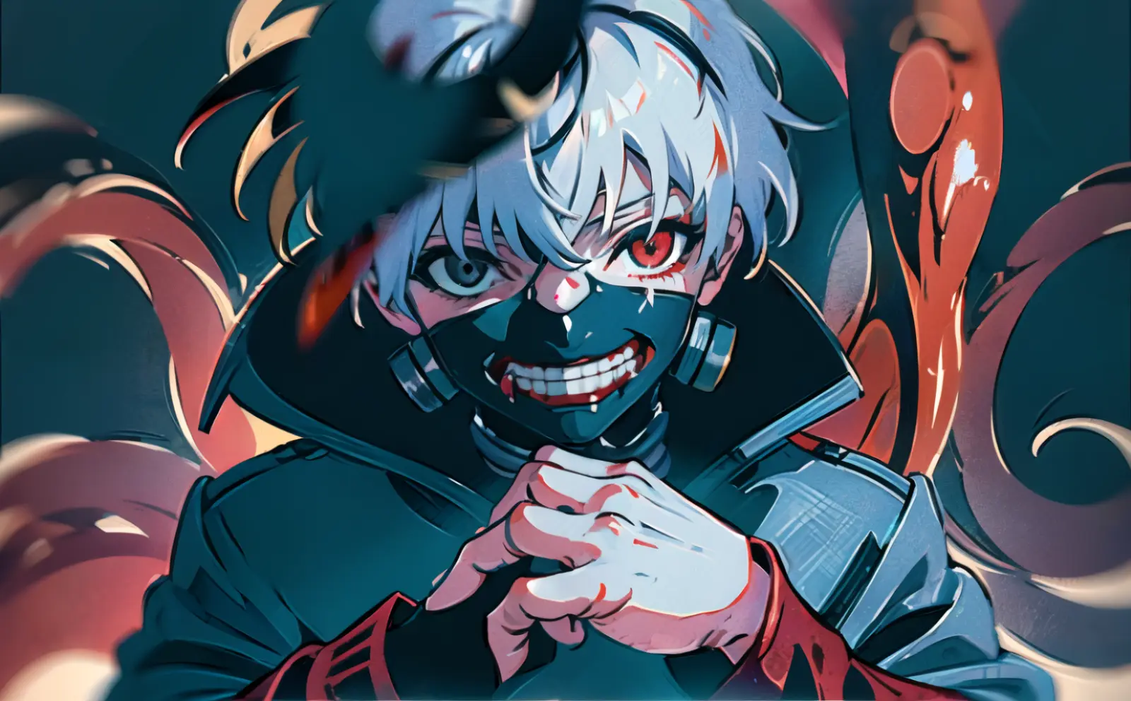 8k, anime, portrait, best quality, ultra high res, ultra detailed, black and high constrast color tone, extremely detailed lighting, cinematic lighting, soft lights, (masterpiece, high quality:1.4), (kaneki ken, black hair, white hair, red and black eye, mask | teeth, blood eyes, black clothes, scorpio tentacles), <lora:epiNoiseoffset_v2:0.8>, <lora:Kaneki_Ken-08:0.9>, blood, ((full body)), (dynamic pose), black background, thrilling, (fierce face)