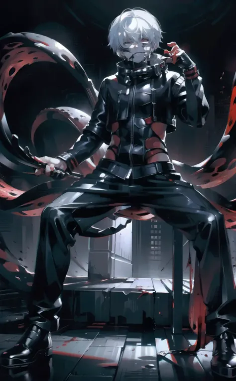 8k, anime, portrait, best quality, ultra high res, ultra detailed, black and red, high contrast color tone, extremely detailed lighting, cinematic lighting, soft lights, (masterpiece, high quality:1.4), (kaneki ken, white hair, red and black eye, blood eyes, black clothes, scorpio tentacles), <lora:epiNoiseoffset_v2:0.8>, <lora:Kaneki_Ken-08:0.9>, blood, ((full body)), (dynamic pose), black background, thrilling, (fierce face)