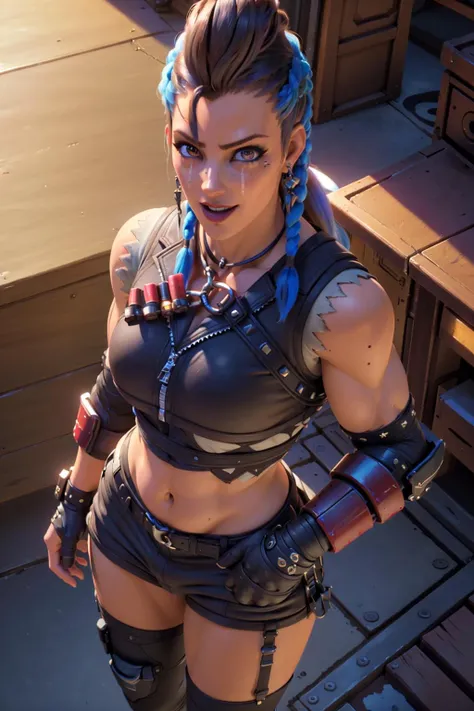 Junker, blue hair, braids, mohawk, (red eyes: 1.4) (big eyes: 1.3), ((perfect eye pupil)), tall woman, piercing, face paint, makeup, (big ass :1.6), (upper body muscular:1.2) , cyberpunk, (beautiful eyes) , full body, masterpiece, best quality) HDR ,8K, solo, night city, cyberpunk, sexy smile, , swimming pool, (in the water: 1.2), (sitting tilting her breasts towards the viewer) , (sensual looks and smile ), (butt crack:1.4)