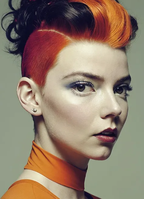 portrait of sks woman by Flora Borsi, style by Flora Borsi, bold, bright colours, orange Mohawk haircut, ((Flora Borsi)), <lora:locon_anya_v1_from_v1_64_32:1.3>