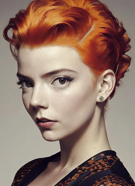 portrait of sks woman by Flora Borsi, style by Flora Borsi, bold, bright colours, orange Mohawk haircut, ((Flora Borsi)), <lora:locon_anya_v1_from_v1_64_32:1.3>