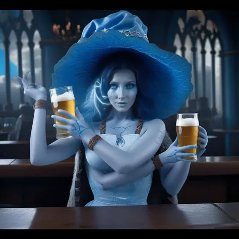 cinematic photo  woman with blue skin, wears a hat and a dress, cloak, extra arms, extra face, cracked skin, holds beers, holds beer bottles, in a pub, detailed hands <lora:Ranni1024:0.9> . 35mm photograph, film, bokeh, professional, 4k, highly detailed