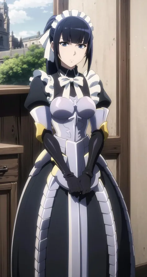 (((picture perfect))), (absurdres), 1girl, solo, <lora:narb-overlord:0.8>, narberal gamma, maid, armor, gloves, maid headdress, looking at viewer, expressionless