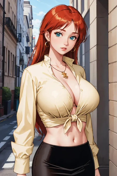 masterpiece, best quality, <lora:ayako-nvwls-v1-000008:0.8> kimizuka ayako, tied shirt, earrings, necklace, cleavage, miniskirt, midriff, city street, looking at viewer, upper body, huge breasts