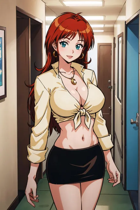 masterpiece, best quality, <lora:ayako-nvwls-v1-000008:0.8> kimizuka ayako, tied shirt, earrings, necklace, cleavage, miniskirt, midriff, city street, looking at viewer, cowboy shot, huge breasts, office, hallway, smile