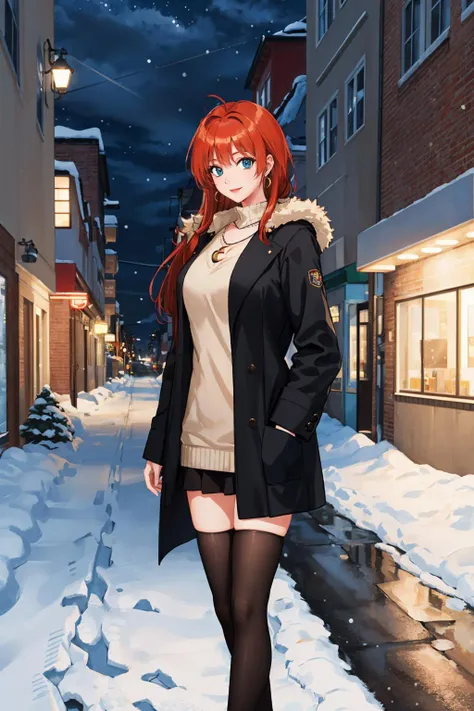 masterpiece, best quality, <lora:ayako-nvwls-v1-000008:0.8> kimizuka ayako, black coat, fur trim, earrings, necklace, thighhighs, huge breasts, looking at viewer, winter, street, snow, night, smile