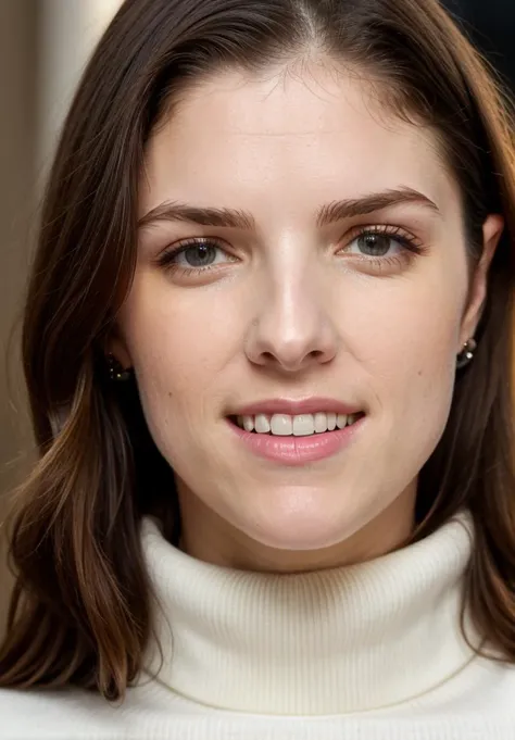 RAW close up portrait photo of annakendrick-ti, natural lighting, 8k uhd, dslr, high quality, film grain, Fujifilm XT3, by Andreas Gursky, black turtleneck, casual clothing, well dressed