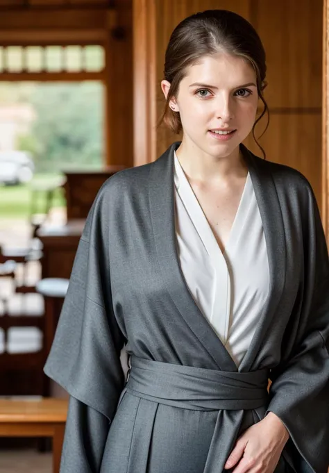 RAW close up portrait photo of annakendrick-ti, natural lighting, 8k uhd, dslr, high quality, film grain, Fujifilm XT3, by Dorothea Lange, Kimono and high-waisted pants, casual clothing, well dressed