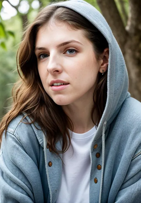 RAW close up portrait photo of annakendrick-ti, natural lighting, 8k uhd, dslr, high quality, film grain, Fujifilm XT3, by Imogen Cunningham, Ripped jeans and oversized hoodie, casual clothing, well dressed