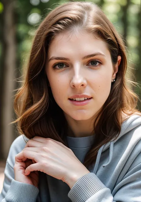 RAW close up portrait photo of annakendrick-ti, natural lighting, 8k uhd, dslr, high quality, film grain, Fujifilm XT3, by Henri Cartier-Bresson, Graphic sweatshirt and jogger pants, casual clothing, well dressed