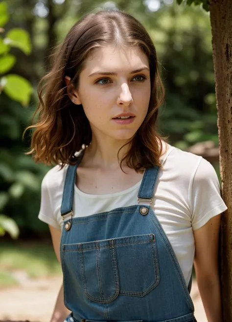 A stunning intricate color close up portrait of (annakendrick-ti:1) , wearing Overalls, epic character composition, sharp focus, natural lighting, subsurface scattering, f2, 35mm, film grain, , by Dorothea Lange