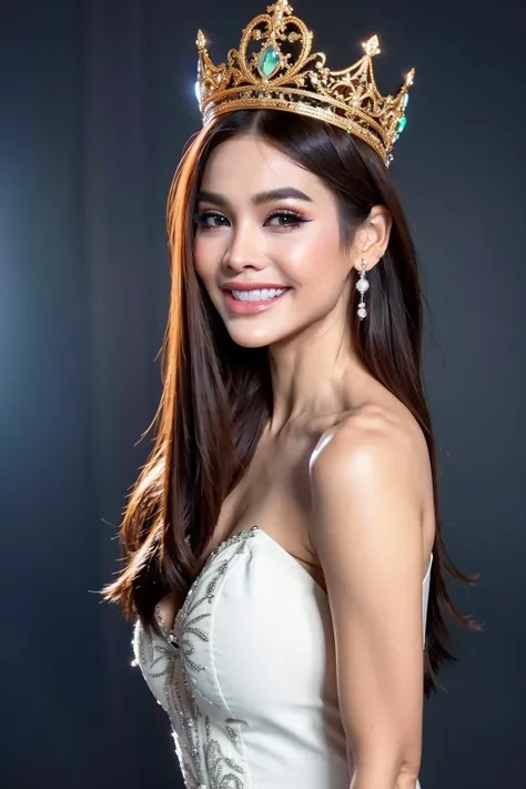 Create a full body shoot of Miss World Indonesia with her crown in silver gown