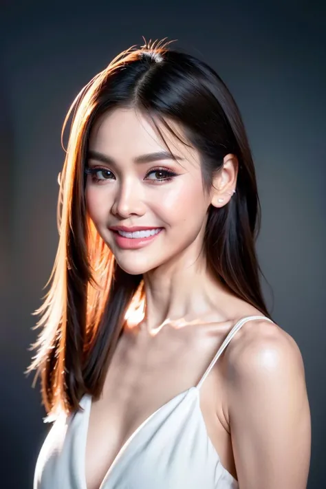 1girl, long hair, white dress, grin, teeth, (isolated on dark-grey background:1.2), standing, from front, (soft lighting:1.2), shot on Canon EOS 5D, best quality, ultra high res, (photorealistic:1.4), masterpiece, real life skin, hyper real, perspective, detailed beautiful eyes and detailed face