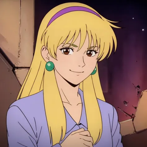 masterpiece,high quality,solo,
<lora:katejinaloos001:0.7>,looking at viewer, smile,
katejinaloos,1girl,
long hair,blonde hair,hairband,earrings,brown eyes,
purple shirt,long sleeves,