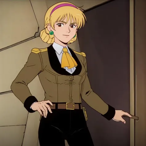masterpiece,high quality,solo,
<lora:katejinaloos001:0.7>,looking at viewer,smile,
katejinaloos,1girl,
up hair,braid,blonde hair,hairband,earrings,brown eyes,
military uniform,jacket,ascot,
belt,holster,black pants,
black boots,