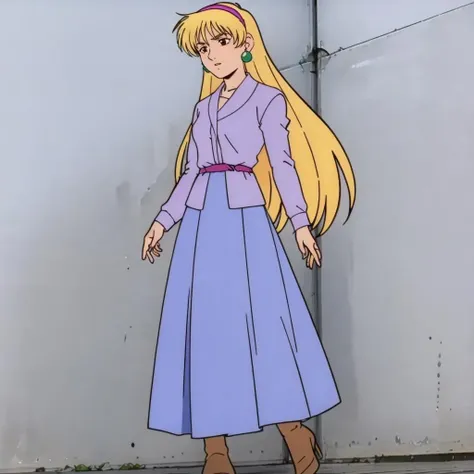 masterpiece,high quality,solo,
<lora:katejinaloos001:0.7>,
katejinaloos,1girl,
long hair,blonde hair,hairband,earrings,brown eyes,
purple shirt,long sleeves,
long skirt,
high heels,boots,