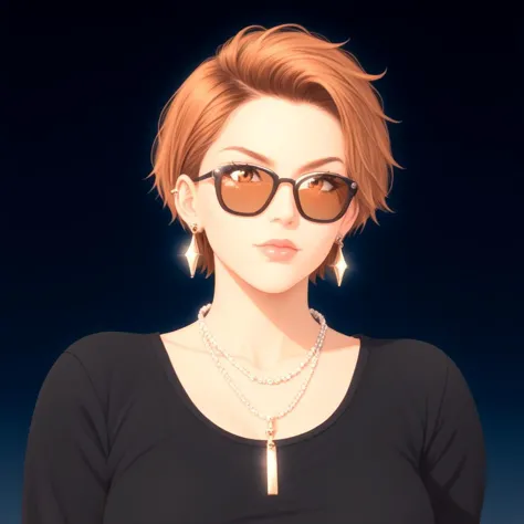 1 woman, sunglasses, short hair, earrings and necklace