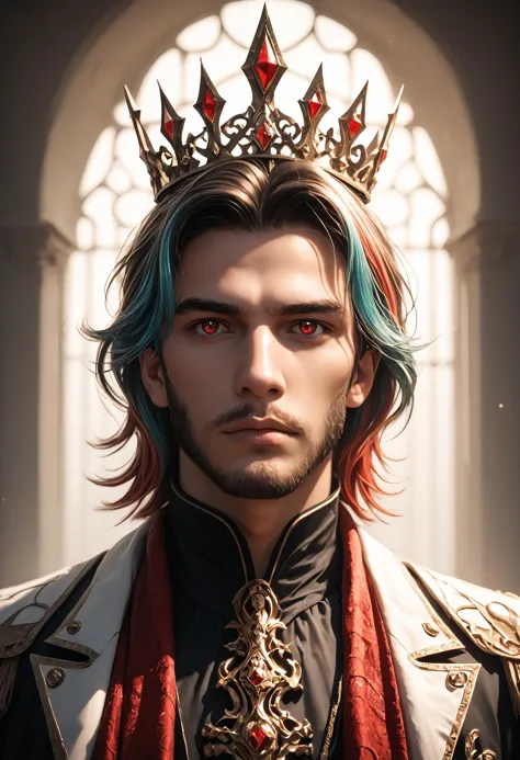 1boy, male focus, beard, stubble, facial hair, multicolored hair, crown, god, (masculine), red eyes, (masterpiece, best quality, ultra-detailed, highres), ((solo)), perfect face, sidelighting, lustrous skin, (bloom), (shine), lighting, ray tracing, sci-fi, depth_of_field, very detailed background, highly detailed background, Masterpiece, Ultra detailed, great composition, Dynamic angle, (Highest picture quality), (Master's work), extreme light and shadow, masterpiece, rich in detail, (highest quality), (masterpiece), (extremely detailed CG unity 8k wallpaper), (masterpiece), (best quality), (ultra-detailed), (best illustration), (best shadow), perfect lighting, perfect anatomy, vivid colors, (masterpiece) , c , specular highlights, side lighting, extreme light and shadow, cinematic lighting, natural lighting, score_9, score_8_up, score_7_up, score_6_up, score_5_up, score_4_up,