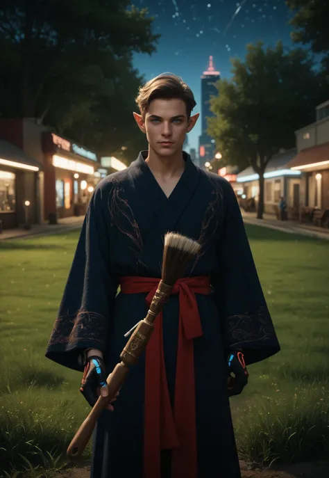 Score_PnyReal, A cinematic shot, 1boy, solo, male focus, outdoors, blue eyes, brown hair, paint brush, night, pictomancer paint brush, holding, gloves, pointy ears, robe, standing, looking at viewer, jewelry, grass, tree, neon city background, cyber future, futurism, cinematic lighting,magical vibes, depth of field, subsurface scattering, MXAA, ultrasharp , fantasy vibes, spotlight, rembrandt lighting, neon sparkles, MXAA, ultrasharp,