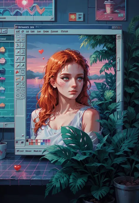 score_9, score_8_up, score_7_up, score_6_up, <lora:win98XLP:1> win10, fake screenshot, 1990s \(style\), retrowave, 1girl, plants, hearts, long hair, ginger hair