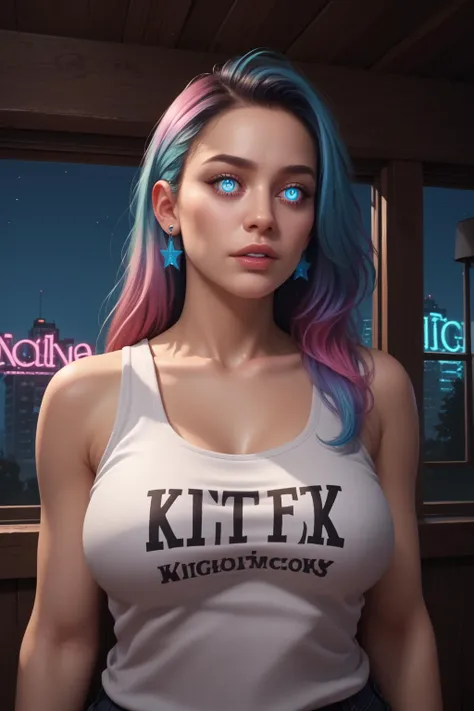 Transgender Female, Kitch, blue eyes, solo, voluptuous, long hair, large breasts, shirt, jewelry, upper body, earrings, parted lips, indoors, window, night, tank top, clothes writing, neon lights, specular highlights, detailed face, detailed eyes, upper body, portrait, zPDXL PonyXLV6_Scores