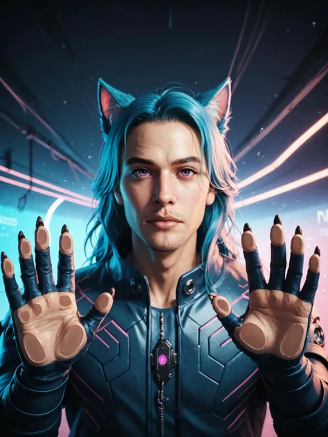 solo, long hair, looking at viewer, blue hair, gloves, 1boy, animal ears, purple eyes, claws, facial hair, stubble, GradientBYP_PDXL WaterScenePDXL DynaPortrait_PDXL BREAK PonyXLV6_Scores
