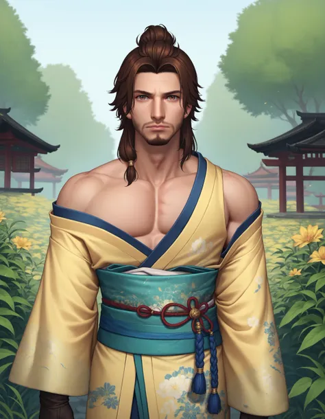 1boy, Hien Rjin, FFXIV, male focus, brown hair, long hair, top knot, pony tail, hair tied back, yellow kimono, blue accent, solo, kimono, japanese clothes, weapon, facial hair, japanese armor, single bare shoulder, looking at viewer, standing, brown eyes, gloves, closed mouth, off shoulder, bare shoulders, depth of field, outdoors, cinematic angle, cinematic lighting, zPDXL PonyXLV6_Scores