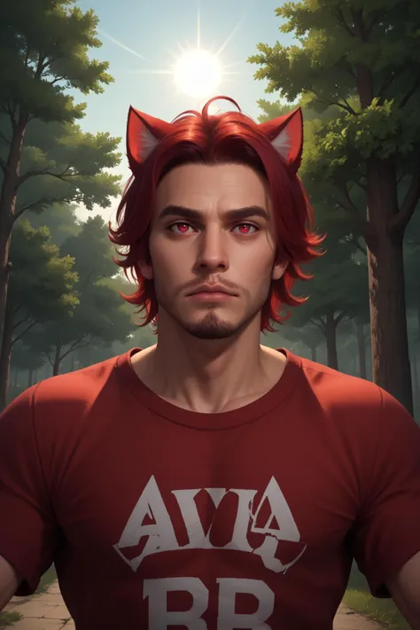 solo, 1boy, male focus, facial hair, solo, stubble, cat ears, (red iris), shirt, beard, red hair, tree, outdoors, dynamic pose, dynamic angle, dynamic lighting, red eyes, zPDXL PonyXLV6_Scores