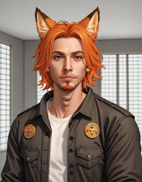 Roiadan Vanzey, Osenayan , (masterpiece, best quality), animal ears, solo, facial hair, 1boy, male focus, fox ears, orange hair, indoors, beard, stubble, looking at viewer, upper body, brown eyes, jacket, cosplay, rule of thirds, zPDXL PonyXLV6_Scores