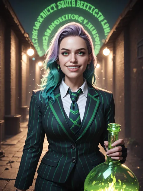 1girl, solo, gloves, long hair, bangs, blue hair, teal hair, gradient hair, multicolored hair, lavender hair, white shirt, black gloves, grin, jewelry, collared shirt, jacket, formal, voluptuous, necktie, makeup, green eyes, necklace, black pinstripe blazer, pinstripe suit, prison clothes, holding a potion bottle with green magic, fingerless gloves, earrings, white shirt, magic, green fire, flames, fantasy, magical fire behind, green theme, neon, green, slime tutorial, beetlejuice beetlejuice beetlejuice , beetlejuice inspired, underworld vibes, outdoors, hellscape, sidelighting, DynaPortrait_PDXL BREAK PonyXLV6_Scores