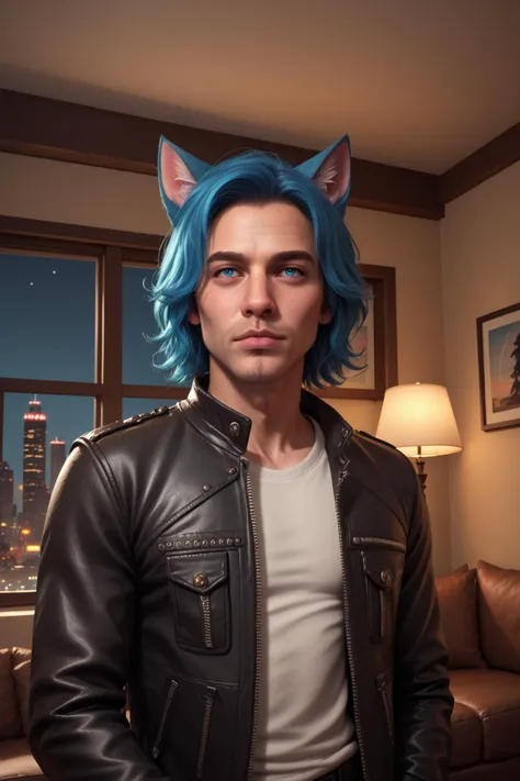 Parker Edwards, solo, looking at viewer, shirt, 1boy, germanic, mature, blue hair, jacket, male focus, black jacket, freckles, realistic, medium hair, leather, leather jacket, furry, anthro, cat ears, animal ears, realistic, indoors, window, night, dusk, detailed face, detailed eyes, city, living room, rembrandt lighting, side lighting, zPDXL PonyXLV6_Scores