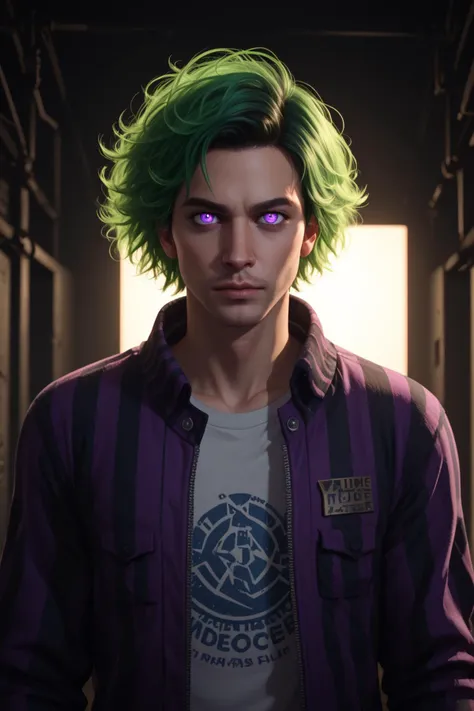 (masterpiece, best quality), Alex Brightman as Beetlejuce, 1boy, male focus, solo, holographic eyes, heterochromia, purple eyes, striped jacket, striped shirt, green hair, wild hair, evil scene, side lighting, depth of field, solo, extreme light and shadow, post apocalyptic, rim lighting, zPDXL PonyXLV6_Scores