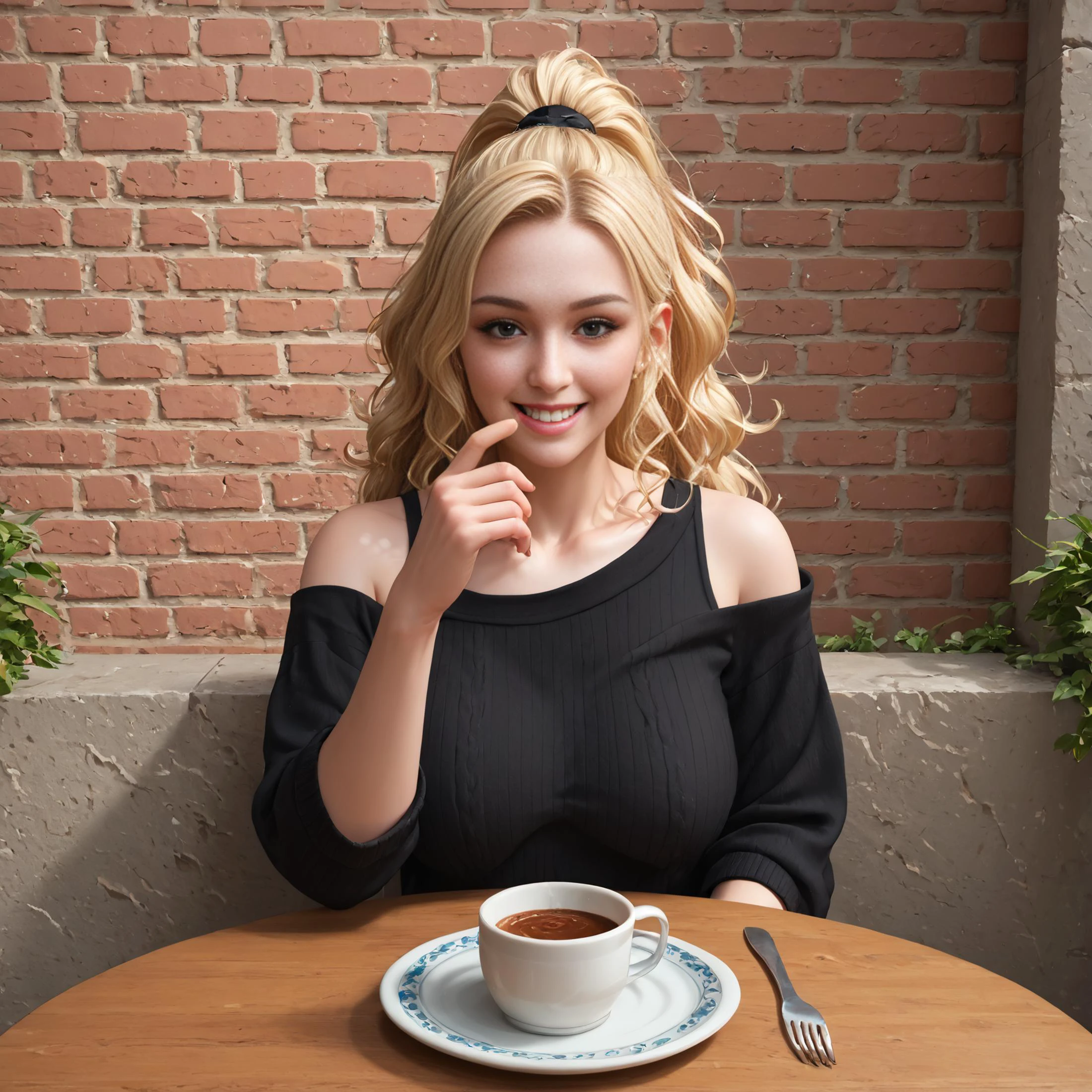 PonyXLV6_Scores, zPDXL, CONCEPT_PovDating_ownwaifu, perfect hands,
BREAK
1girl, solo, (voluptuous), thick thighs, wide hips, smiling,
BREAK
long blonde hair, long curly hair, long ponytail, (loose knitted jumper), black baggy jumper, one bare shoulder,
BREAK
pov across table, pov dating, coffee cup, plate, fork, cheescake, smartphone,
BREAK
cafe, outside table
<lora:SARA:0.9> <lora:add-detail-xl:1.4> <lora:PONYXL_CONCEPT_PovDating_ownwaifu:1> <lora:hand 4:1>
