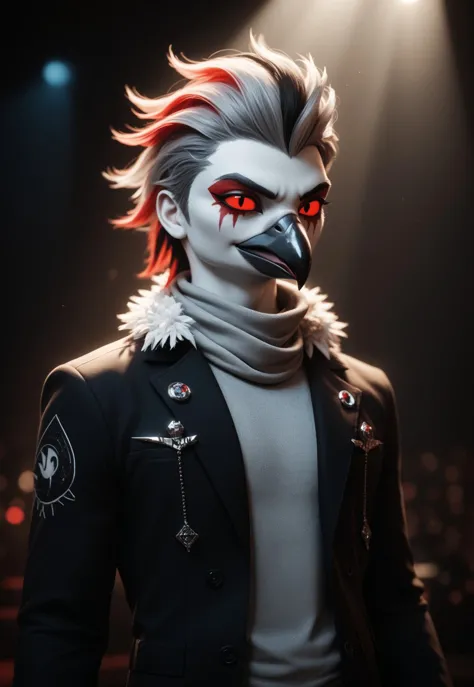 Score_PnyReal, 1boy, male focus, genderless, solo, femme, non binary, grey face paint stripe, eyeliner, makeup, white hair, two tone hair, multicolored hair, dyed bangs, black hair, grey hair, glowing eyes, red eyes, colored sclera, red sclera, white pupils, bird like, bird beak, flared button up jacket, multicolored hair, striped suit, white sleeves, feathered scarf, fur trim, dancer outfit, faux hawk, bird themed, punk theme, anthro, bird features, Stolas from Helluva Boss, cyber future, futurism, cinematic lighting,magical vibes, LUT like a , 3d animation with Comic Art Style vibes, DskOtrn_PnyXL, perfect eyes, realistic 3d cinematic, depth of field, subsurface scattering, MXAA, ultrasharp , fantasy vibes, spotlight, rembrandt lighting, neon sparkles, MXAA, ultrasharp,