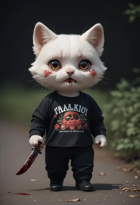 cinematic, highly professional, high contrast, BREAK lo-fi, soft colors, solo focus, adorable, chibi, fluffy, lalafell holding a bloody knife, 1girl, black shirt, black pants, outdoors, dark background, UHD, highly detailed, specular highlights, sidelighting, PonyXLV6_Scores