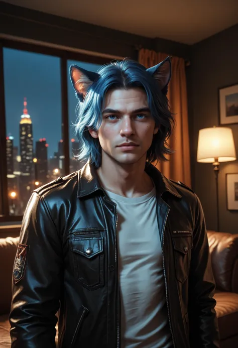 Parker Edwards, solo, looking at viewer, shirt, 1boy, germanic, mature, blue hair, jacket, male focus, black jacket, freckles, realistic, medium hair, leather, leather jacket, furry, anthro, cat ears, animal ears, realistic, indoors, window, night, dusk, detailed face, detailed eyes, city, living room, rembrandt lighting, side lighting, PonyXLV6_Scores