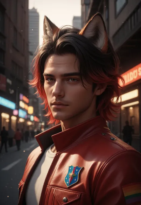 Score_PnyReal, high quality, highres, absurdres, fox man, fox ears, gay pride flag, upper body, red leather jacket, model pose, detailed eyes, detailed hair, tone mapping, specular reflection, masterpiece, best quality, high quality, highres, absurdres, black hair, gradient hair, red hair, sparkles, pride parade, outdoors, city, soft light, extremely detailed, Ultra-HD, , fantasy vibes, spotlight, rembrandt lighting, neon sparkles, MXAA, ultrasharp,