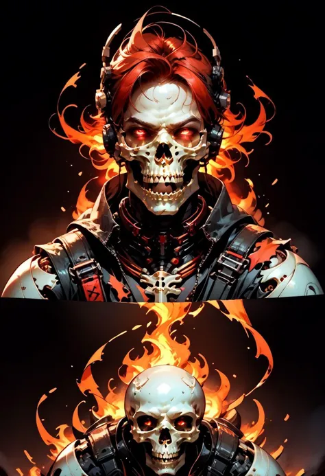 (score_9, score_8_up, score_7_up), zPDXL, solo, sharp teeth, 1man, glowing, robot, black background, machinery, science fiction, skull, no skin, no flesh, r3dgl0w, red eyes, cable, all black attire, spine, torn biker cloths, multiple views, full body, on fire, extreme heat, blue flame, white fire, melting-metal, molten, burning, hellfire, fighting, hunting, stalking, ripping-heart-out, leaping, explosion, <lora:BioPunky:0.8>