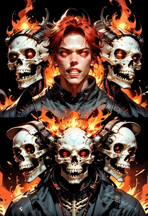 (score_9, score_8_up, score_7_up), zPDXL, solo, sharp teeth, 1man, glowing, robot, black background, machinery, science fiction, skull, no skin, no flesh, r3dgl0w, red eyes, cable, all black attire, spine, torn biker cloths, multiple views, full body, on fire, extreme heat, blue flame, white fire, melting-metal, molten, burning, hellfire, fighting, hunting, stalking, ripping-heart-out, leaping, explosion, <lora:BioPunky:0.8>