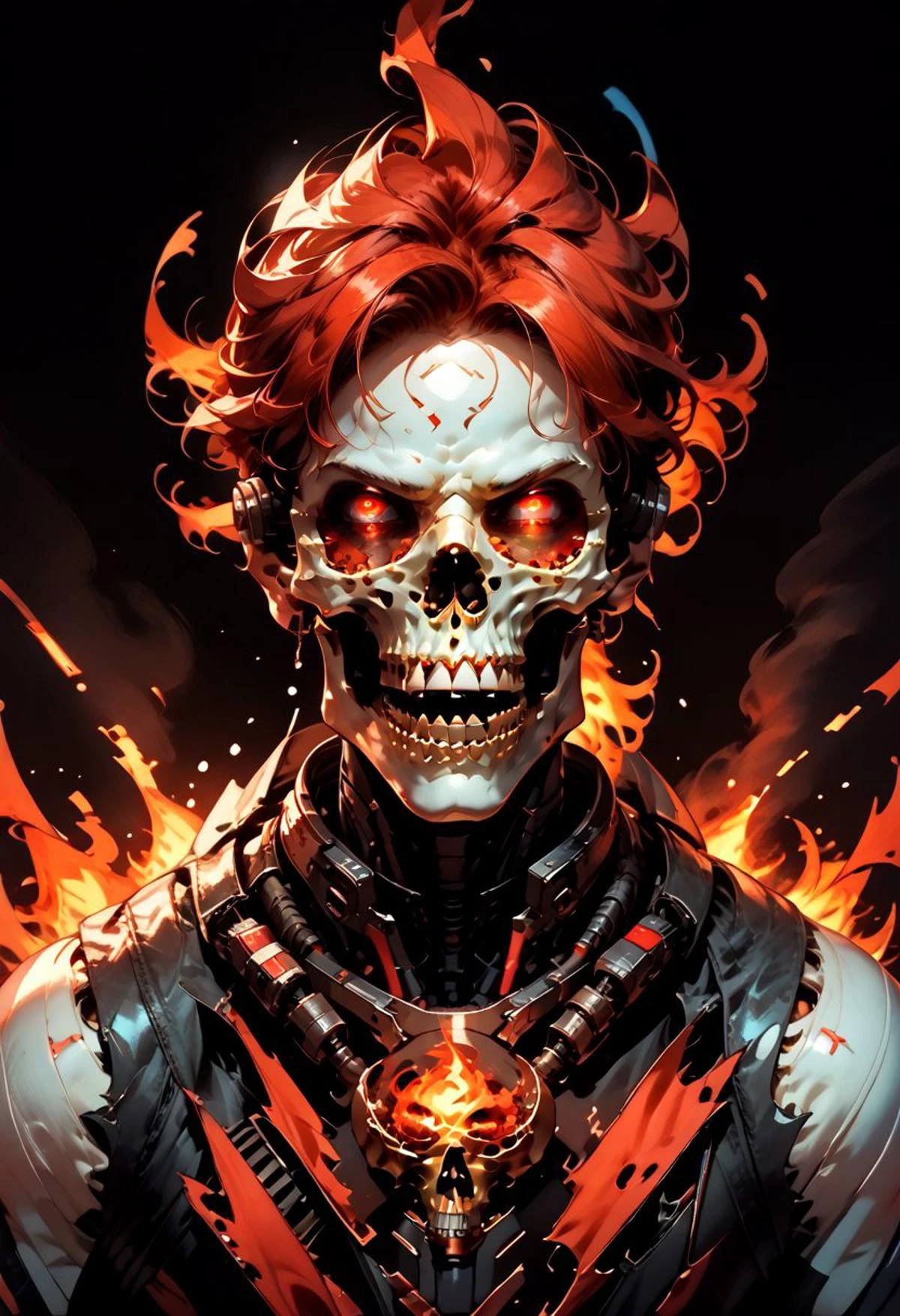 (score_9, score_8_up, score_7_up), zPDXL, solo, sharp teeth, 1man, glowing, robot, black background, machinery, science fiction, skull, no skin, no flesh, r3dgl0w, red eyes, cable, all black attire, spine, torn biker cloths, multiple views, full body, on fire, extreme heat, blue flame, white fire, melting-metal, molten, burning, hellfire, fighting, hunting, stalking, ripping-heart-out, leaping, explosion, <lora:BioPunky:0.8>