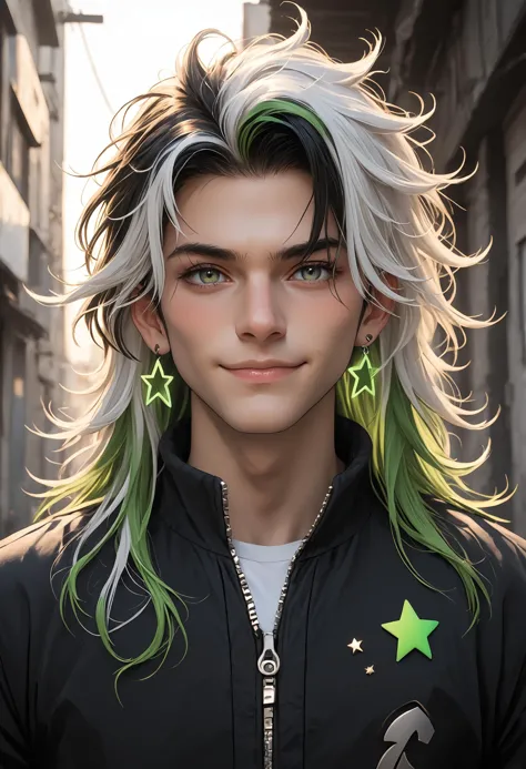 long hair, genderless, looking at viewer, blush, smile, bangs, shirt, black hair, jewelry, closed mouth, jacket, upper body, white hair, multicolored hair, earrings, green hair, star (symbol), two-tone hair, streaked hair, black jacket, messy hair, multicolored clothes, zipper, 1boy , specular highlights, side lighting, extreme light and shadow, cinematic lighting, natural lighting, score_9, score_8_up, score_7_up, score_6_up, score_5_up, score_4_up,