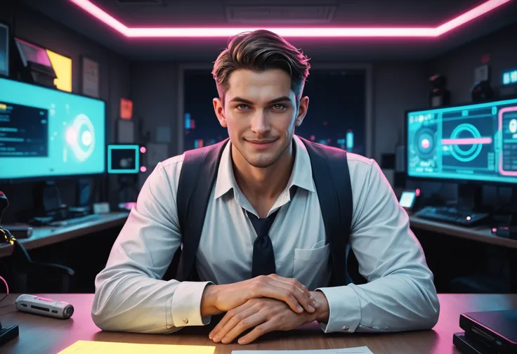 score_9, score_8_up, score_7_up, score_6_up, score_5_up, score_4_up, 1boy, male focus, solo focus, brown hair, brown eyes, smile, facial hair, stubble, looking at viewer, full body, indoors, professional office, a singular professional CEO desk, minimalist, blue and yellow theme with neon, pink gradient neon overlay, film grain, cinematic photography, vaporwave gradient lights, futuristic, dusk theme, still, yellow track lights, electric light wires, neon outlines, centered, cinematic lighting, desktop wallpaper, neon theme, cyberpunk, video game aesthetic, wide shot, office scene, twitch stream, TV studio
