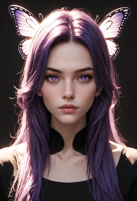 1girl, solo, long hair, looking at viewer, simple background, butterfly mask, purple hair, purple eyes, black background,, specular highlights, side lighting, extreme light and shadow, cinematic lighting, natural lighting, score_9, score_8_up, score_7_up, score_6_up, score_5_up, score_4_up,