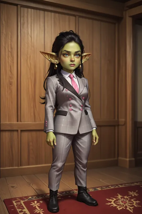 score_9, score_8_up, score_7_up, score_6_up, score_5_up, score_4_up, masterpiece, high quality, BREAK, full body, 1girl, BREAK, <lora:GoblinGirl_Concept:1> GobGirl, green skin, short, long ears, large ears, colored skin, monster_girl 1girl, pointy ears, goblin, shortstack, long pointy ears, earrings, ear piercings, <lora:Wendy Sato:0.8> Black hair, grey eyes, large breasts, grey suit, pink necktie, gauntlets, katana,