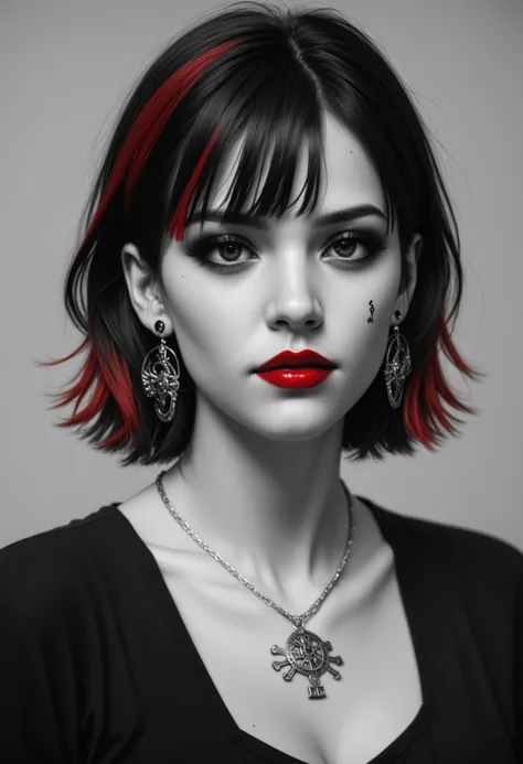 cinematic, highly professional, high contrast, BREAK lo-fi, soft colors, solo focus, detailed face, face in sharp focus, detailed pen and ink drawing, monochromemuse, monochrome, greyscale, masterpiece, BREAK, portrait of beautiful chinese goth girl, Goth girl 1girl, dark eyeshadow, bangs, black eye-liner, red lipstick, cleavage, tattoos, earrings, necklaces, upper body drawing, dark hair with red streak, realism style , dark background, UHD, highly detailed, specular highlights, sidelighting, PonyXLV6_Scores